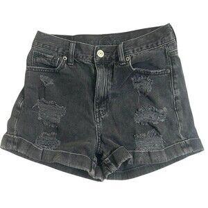 American Eagle Mom High Rise Rolled Cuff Short Black Stretch Distressed Denim 00